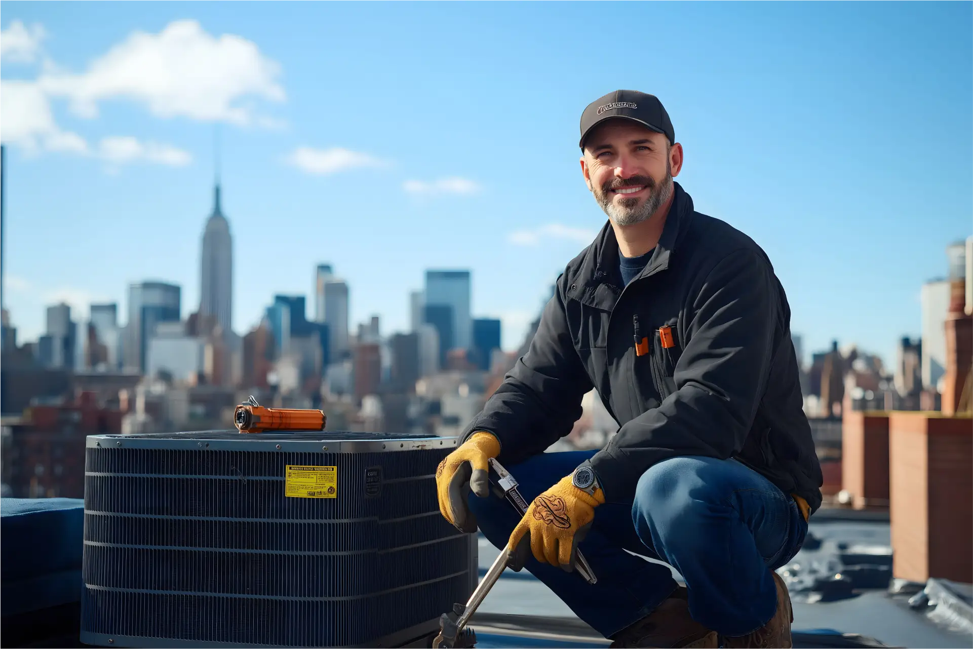 a man sitting on a roof with a large city in the background